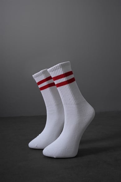 Beyaz Kırmızı Şeritli Çorap