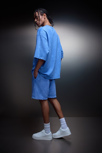 Erkek Açık Mavi Basic Yıkama Efektli Diz Üstü Şort