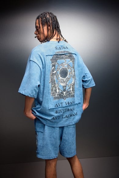 Erkek Açık Mavi İnveniam Patchli Oversize Yıkama Efektli Tshirt