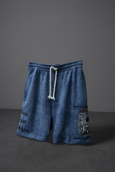 Erkek Açık Mavi İnveniam Pathcli Yıkama Efektli Diz Üstü Şort