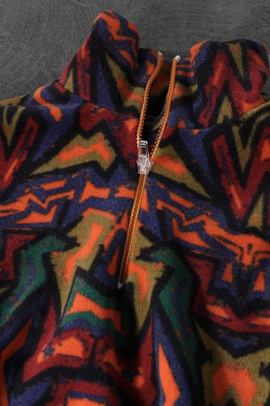Erkek Antik Desen Yarım Fermuar Oversize Polar Sweatshirt