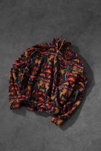 Erkek Antik Desen Yarım Fermuar Oversize Polar Sweatshirt