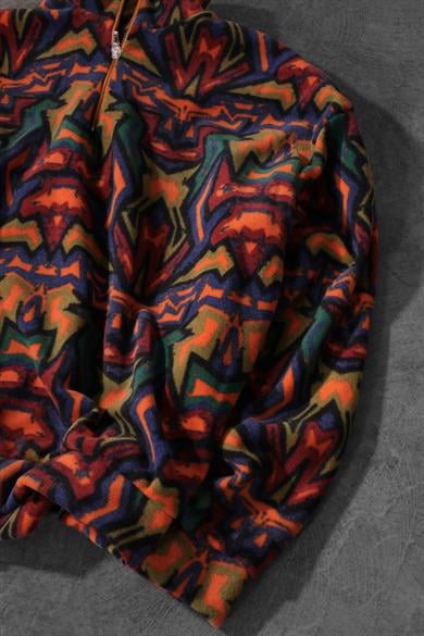 Erkek Antik Desen Yarım Fermuar Oversize Polar Sweatshirt