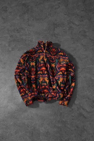 Erkek Antik Desen Yarım Fermuar Oversize Polar Sweatshirt