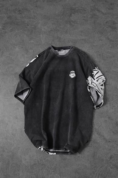 Erkek Antrasit Abstract Özel Yıkamalı Kumaş Oversize Tshirt
