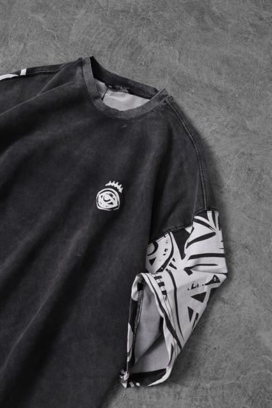 Erkek Antrasit Abstract Özel Yıkamalı Kumaş Oversize Tshirt