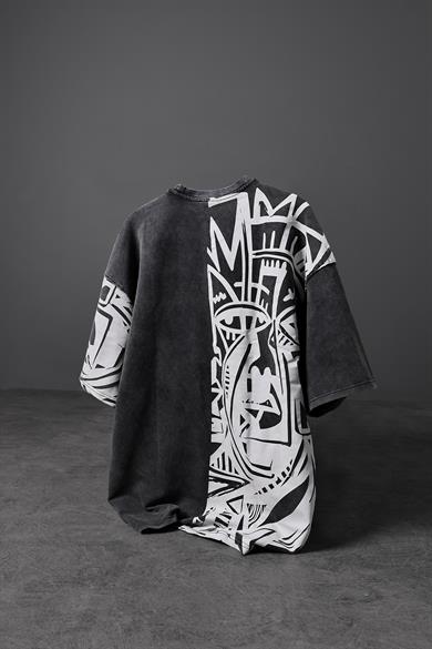 Erkek Antrasit Abstract Özel Yıkamalı Kumaş Oversize Tshirt