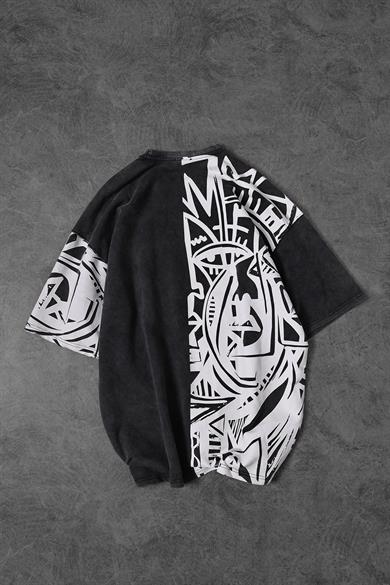 Erkek Antrasit Abstract Özel Yıkamalı Kumaş Oversize Tshirt