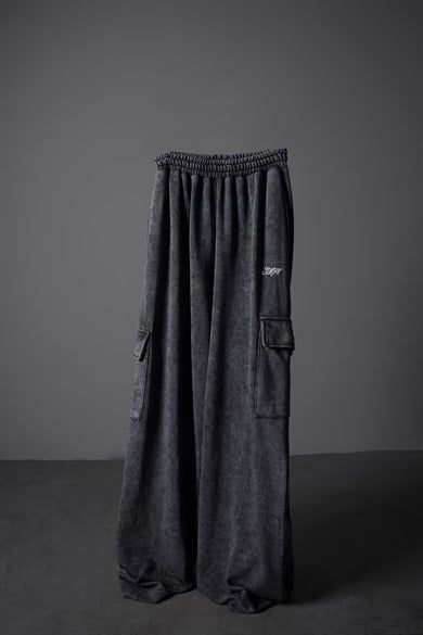 Erkek Antrasit Basic Yıkama Efektli Kargo Cepli Baggy Eşofman