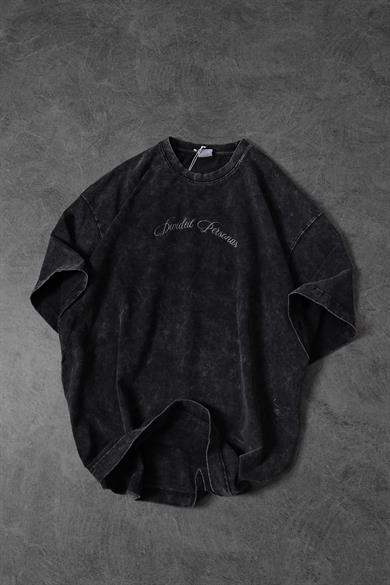 Erkek Antrasit Divided Personas Baskılı Özel Yıkamalı Kumaş Oversize Tshirt
