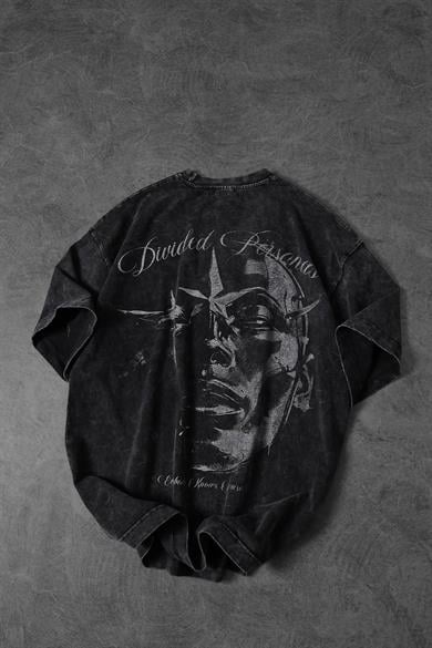 Erkek Antrasit Divided Personas Baskılı Özel Yıkamalı Kumaş Oversize Tshirt