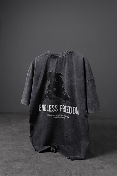 Erkek Antrasit Endless Freedom Özel Yıkamalı Kumaş Oversize Tshirt