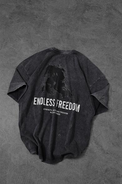 Erkek Antrasit Endless Freedom Özel Yıkamalı Kumaş Oversize Tshirt