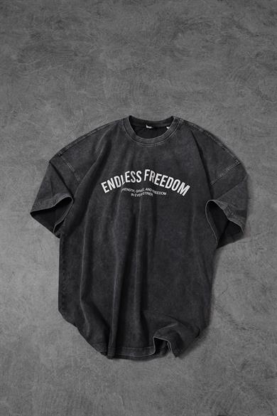 Erkek Antrasit Endless Freedom Özel Yıkamalı Kumaş Oversize Tshirt