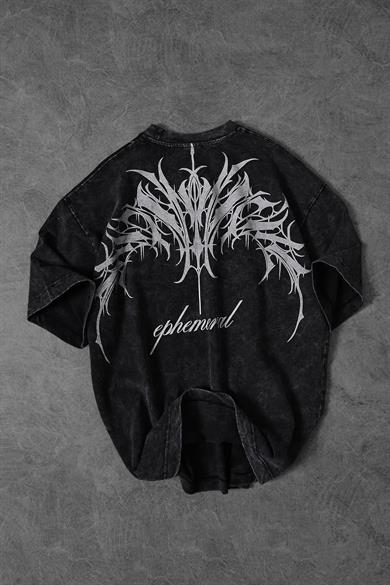 Erkek Antrasit Ephemeral Baskılı Özel Yıkamalı Kumaş Oversize Tshirt