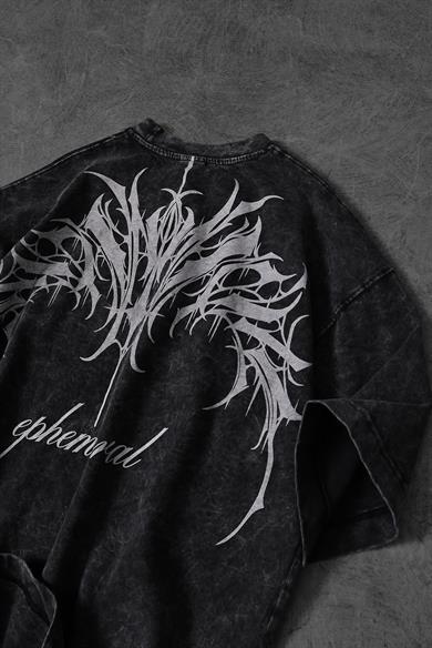 Erkek Antrasit Ephemeral Baskılı Özel Yıkamalı Kumaş Oversize Tshirt