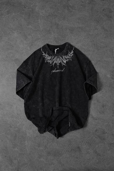 Erkek Antrasit Ephemeral Baskılı Özel Yıkamalı Kumaş Oversize Tshirt