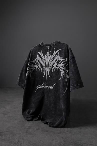 Erkek Antrasit Ephemeral Baskılı Özel Yıkamalı Kumaş Oversize Tshirt