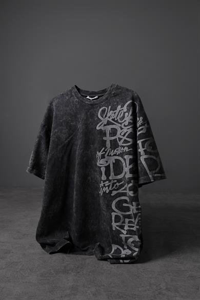 Erkek Antrasit Grafiti Yan Baskı Özel Yıkamalı Kumaş Oversize Tshirt