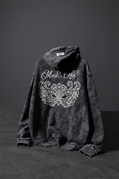 Erkek Antrasit Mask Nakışlı Özel Yıkamalı Oversize Kapüşonlu Sweatshirt