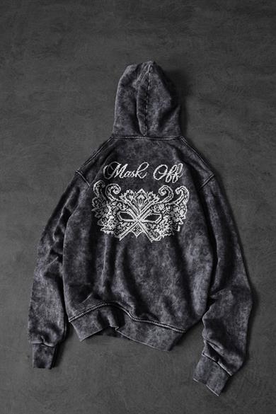 Erkek Antrasit Mask Nakışlı Özel Yıkamalı Oversize Kapüşonlu Sweatshirt