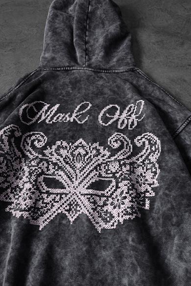 Erkek Antrasit Mask Nakışlı Özel Yıkamalı Oversize Kapüşonlu Sweatshirt