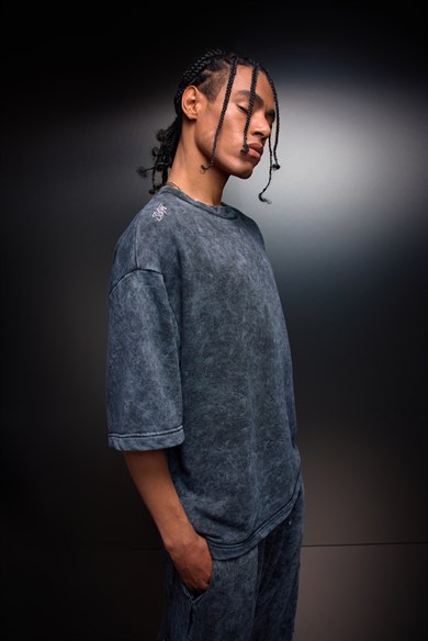 Erkek Antrasit Oversize Yıkama Efektli Basic Tshirt