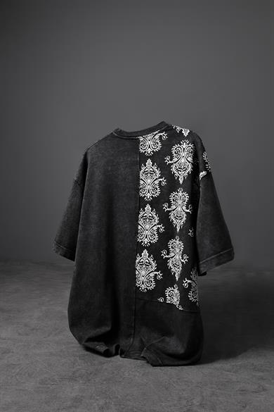 Erkek Antrasit Paisley Özel Yıkamalı Kumaş Oversize Tshirt