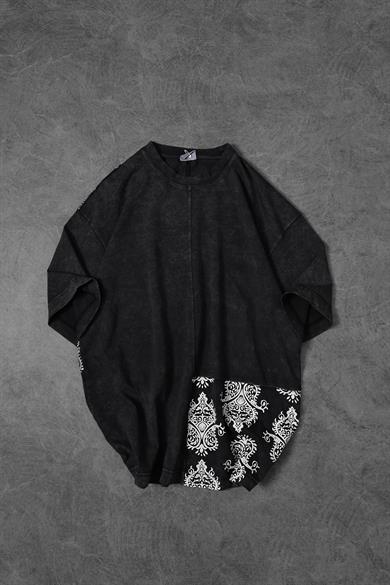Erkek Antrasit Paisley Özel Yıkamalı Kumaş Oversize Tshirt