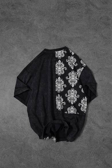 Erkek Antrasit Paisley Özel Yıkamalı Kumaş Oversize Tshirt