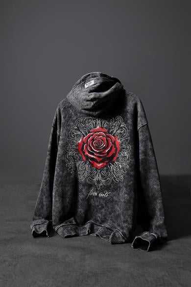 Erkek Antrasit Rose Özel Yıkamalı Oversize Kapüşonlu Sweatshirt