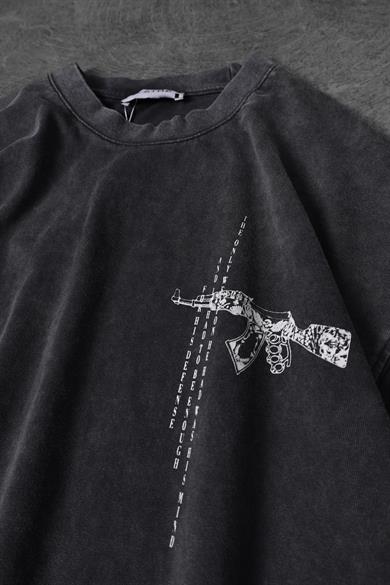 Erkek Antrasit S-47 Özel Yıkamalı Kumaş Oversize Tshirt