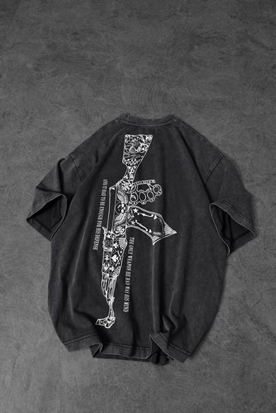 Erkek Antrasit S-47 Özel Yıkamalı Kumaş Oversize Tshirt