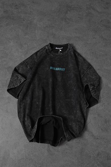 Erkek Antrasit Snake Baskı Özel Yıkamalı Kumaş  Oversize Tshirt