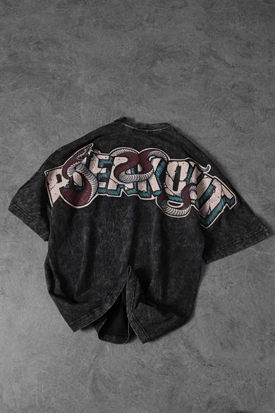 Erkek Antrasit Snake Baskı Özel Yıkamalı Kumaş  Oversize Tshirt