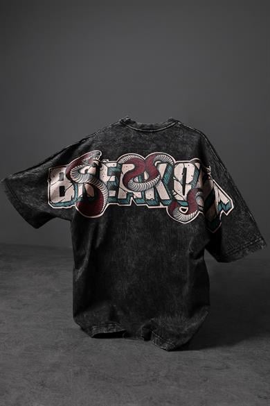 Erkek Antrasit Snake Baskı Özel Yıkamalı Kumaş  Oversize Tshirt