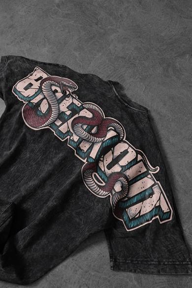Erkek Antrasit Snake Baskı Özel Yıkamalı Kumaş  Oversize Tshirt