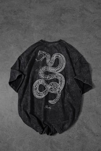 Erkek Antrasit Snake Nakışlı Özel Yıkamalı Kumaş Oversize Tshirt