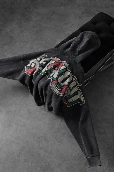 Erkek Antrasit Snake Yıkamalı Kapüşonlu Oversize Sweatshirt
