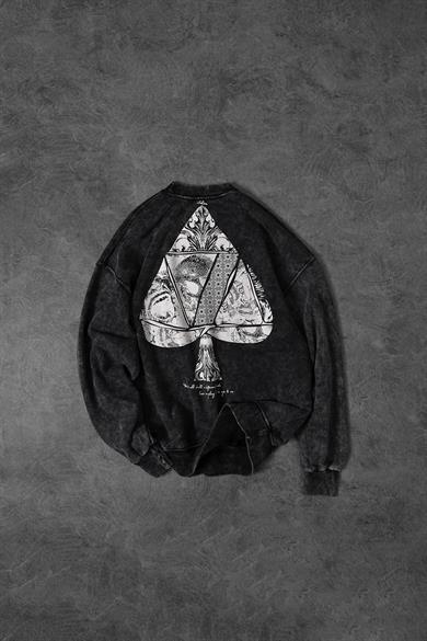 Erkek Antrasit Spades Yıkamalı Bisiklet Yaka Oversize Sweatshirt
