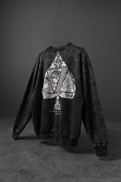 Erkek Antrasit Spades Yıkamalı Bisiklet Yaka Oversize Sweatshirt