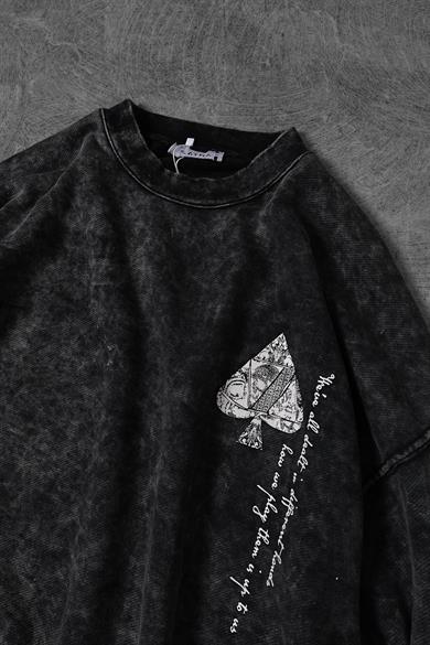 Erkek Antrasit Spades Yıkamalı Bisiklet Yaka Oversize Sweatshirt