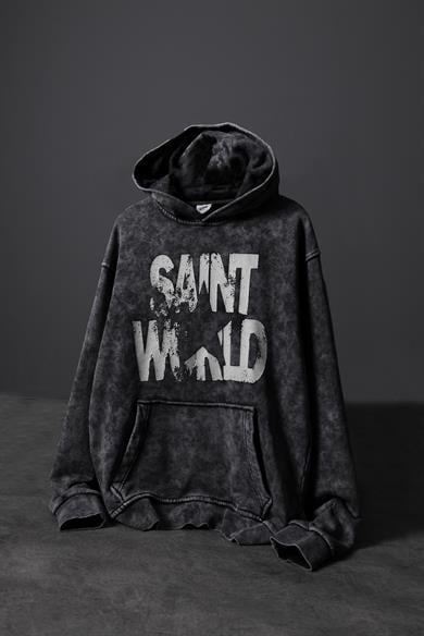 Erkek Antrasit Star Özel Yıkamalı Oversize Kapüşonlu Sweatshirt