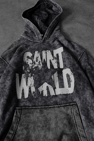 Erkek Antrasit Star Özel Yıkamalı Oversize Kapüşonlu Sweatshirt