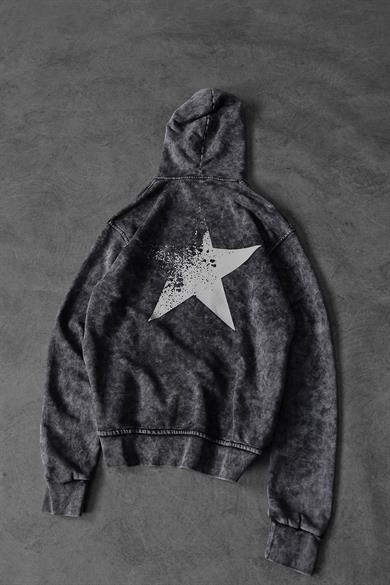 Erkek Antrasit Star Özel Yıkamalı Oversize Kapüşonlu Sweatshirt