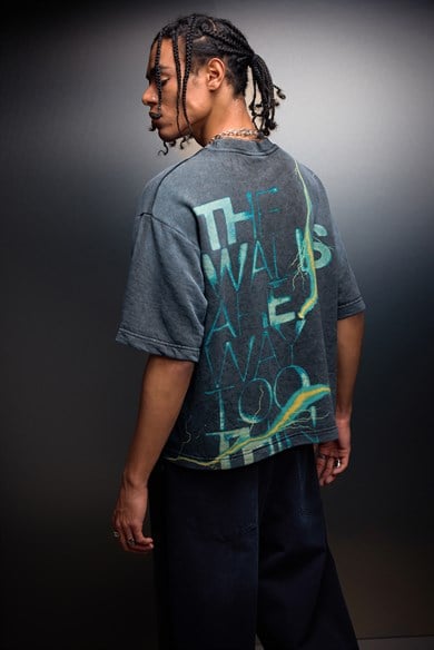 Erkek Antrasit The Walls Box Fit Yıkama Efektli Tshirt