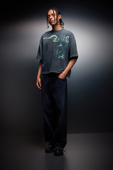 Erkek Antrasit The Walls Box Fit Yıkama Efektli Tshirt