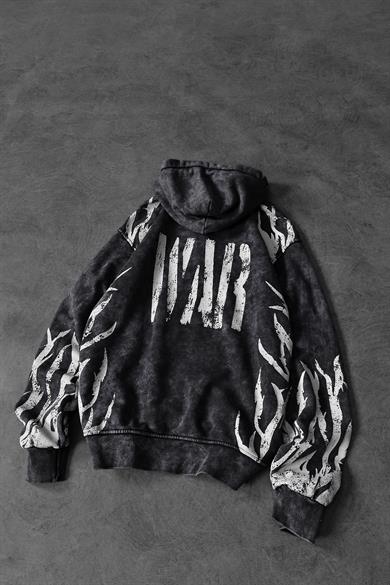 Erkek Antrasit War Özel Yıkamalı Oversize Kapüşonlu Sweatshirt