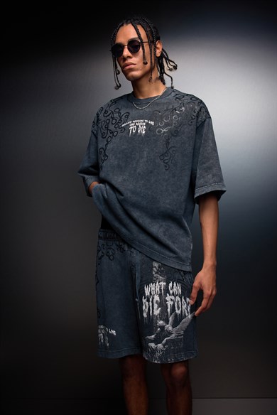 Erkek Antrasit What Can İ Die For Oversize Yıkama Efektli Tshirt