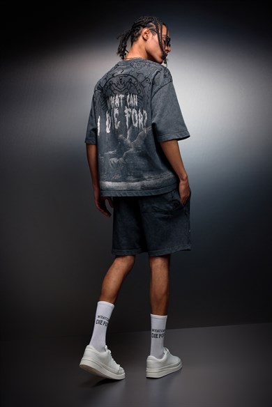 Erkek Antrasit What Can İ Die For Oversize Yıkama Efektli Tshirt